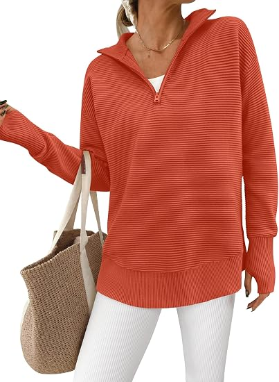 Women’s Ribbed Half-Zip Tunic Sweater – Relaxed Fit Long Sleeve Pullover