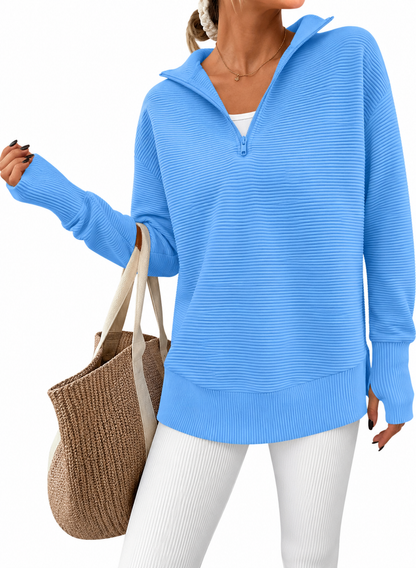 Women’s Ribbed Half-Zip Tunic Sweater – Relaxed Fit Long Sleeve Pullover