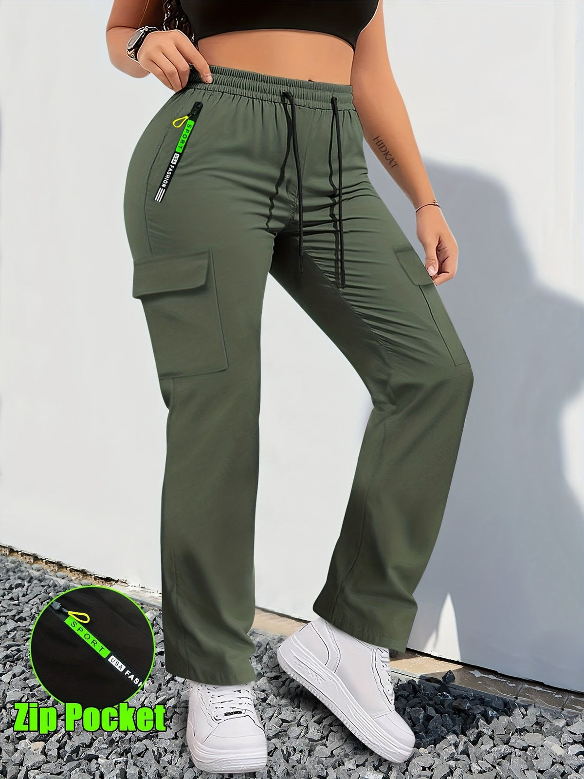 【LAST DAY SALE】Women's Cargo Pants - Non-Stretchy Work Pants with Zipper Pocket, Drawstring Waist, All-Season Trousers for Hiking, Running