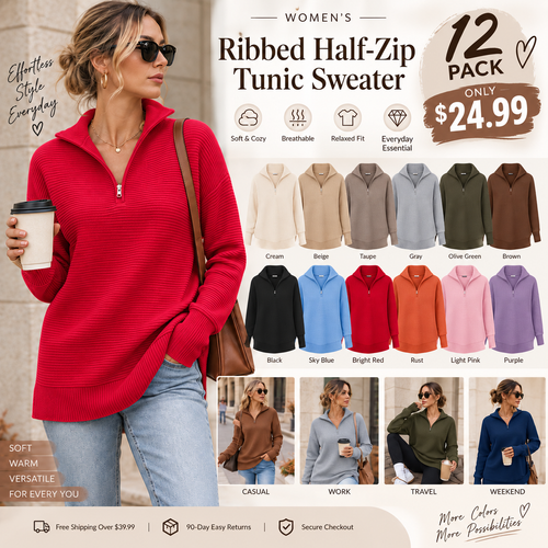 Women’s Ribbed Half-Zip Tunic Sweater – Relaxed Fit Long Sleeve Pullover