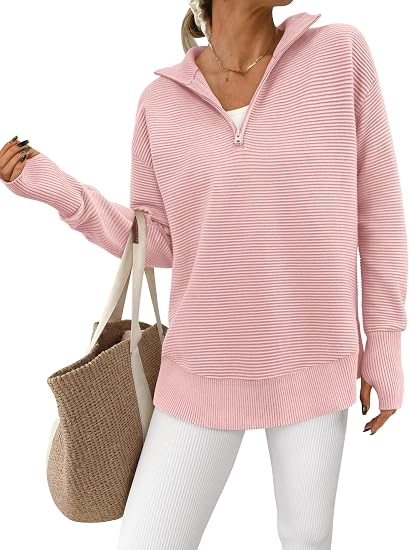 Women’s Ribbed Half-Zip Tunic Sweater – Relaxed Fit Long Sleeve Pullover