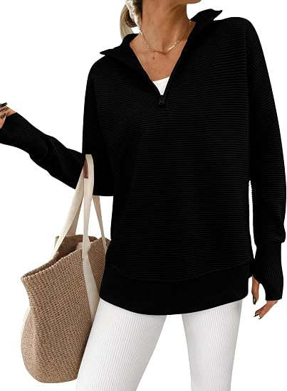 Women’s Ribbed Half-Zip Tunic Sweater – Relaxed Fit Long Sleeve Pullover
