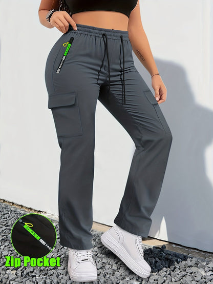 【LAST DAY SALE】Women's Cargo Pants - Non-Stretchy Work Pants with Zipper Pocket, Drawstring Waist, All-Season Trousers for Hiking, Running