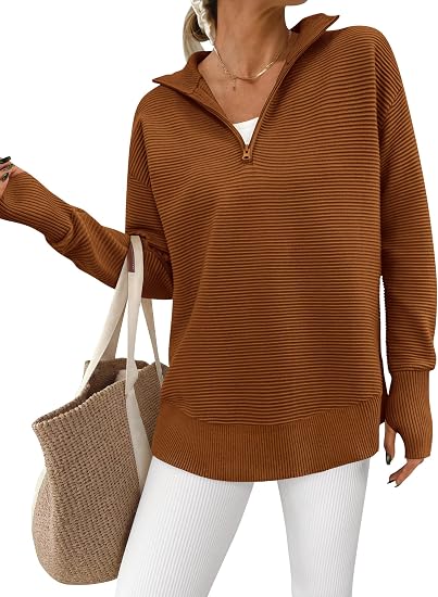 Women’s Ribbed Half-Zip Tunic Sweater – Relaxed Fit Long Sleeve Pullover