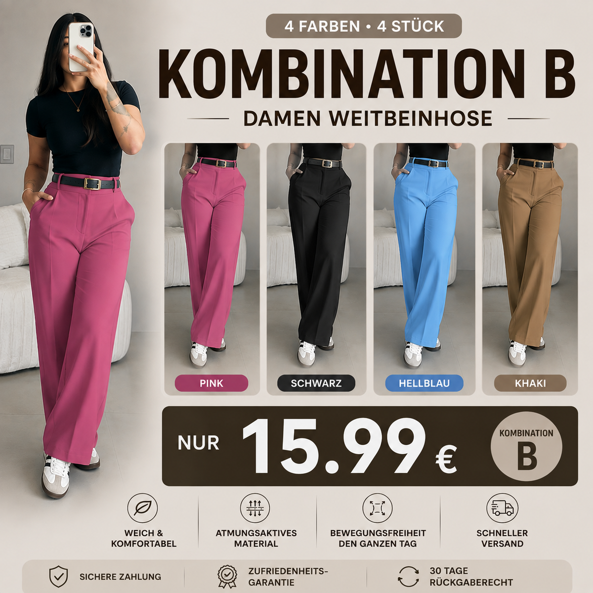 Damen-Hose mit hohem Bund und geradem Bein – fließende, elegante Anzughose mit lässigem Schnitt, für Büro und Alltag, mit figurformendem Effekt