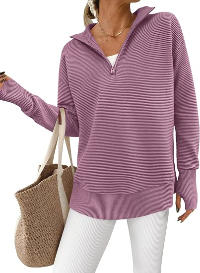 Women’s Ribbed Half-Zip Tunic Sweater – Relaxed Fit Long Sleeve Pullover