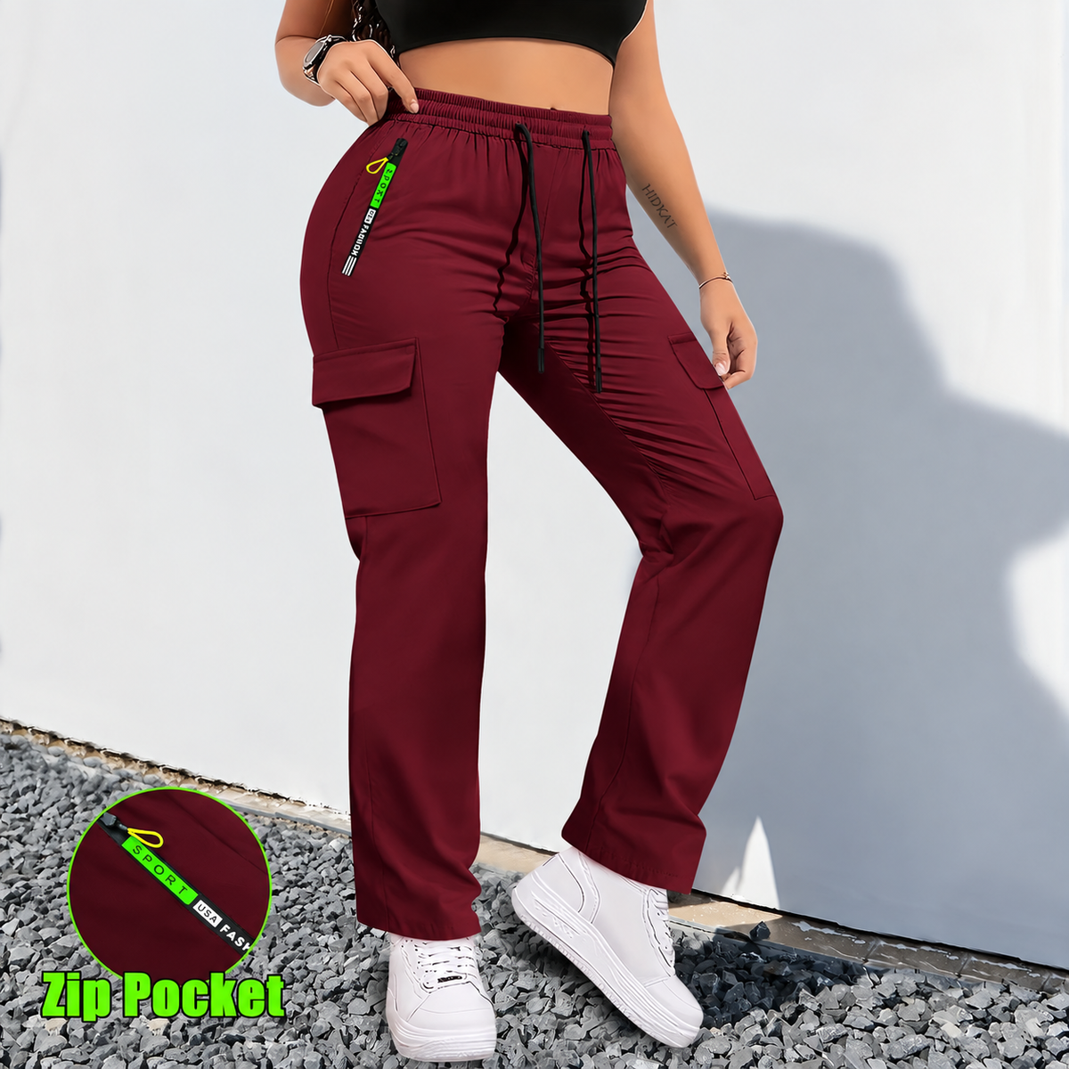 【LAST DAY SALE】Women's Cargo Pants - Non-Stretchy Work Pants with Zipper Pocket, Drawstring Waist, All-Season Trousers for Hiking, Running