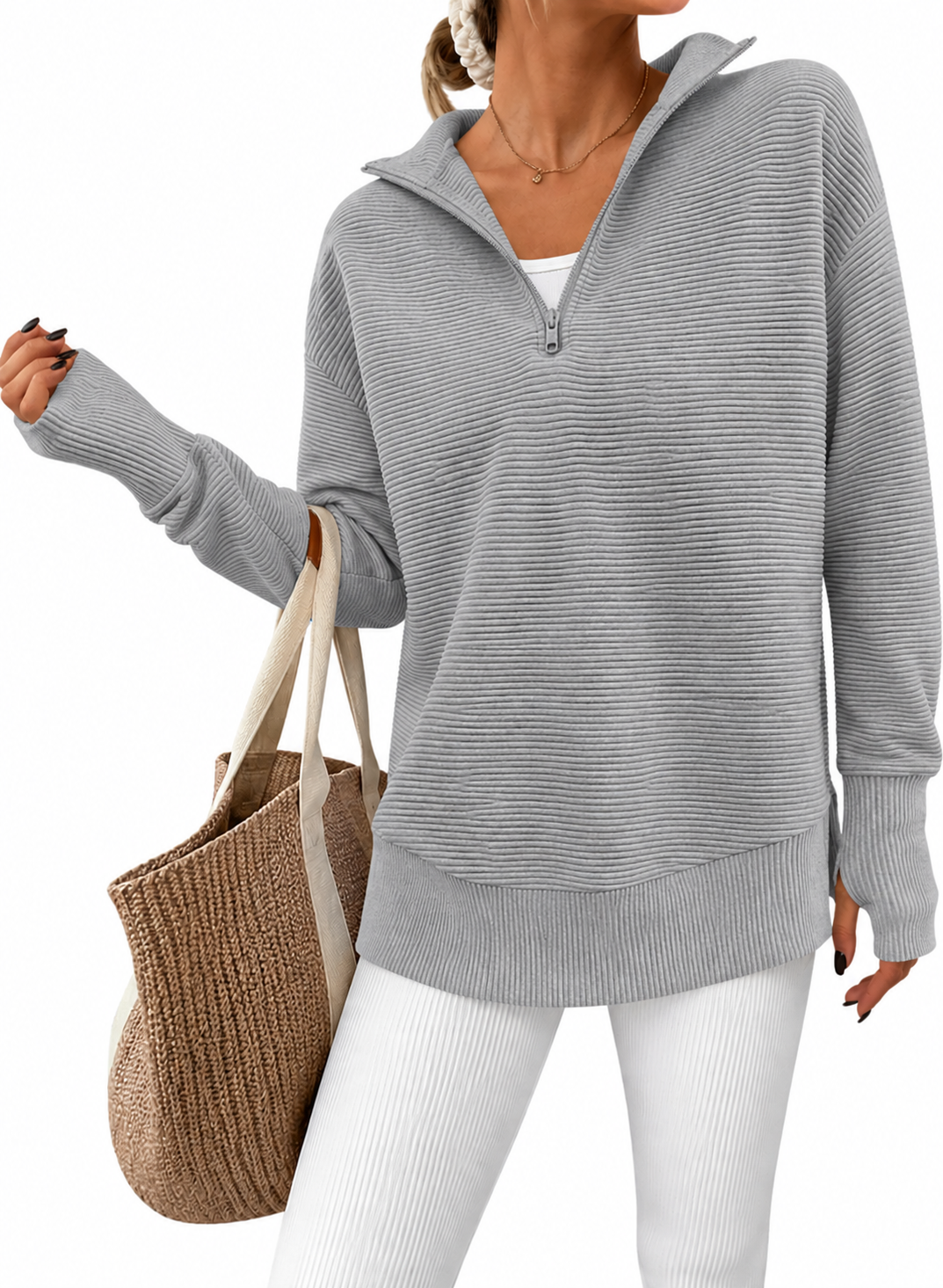 Women’s Ribbed Half-Zip Tunic Sweater – Relaxed Fit Long Sleeve Pullover