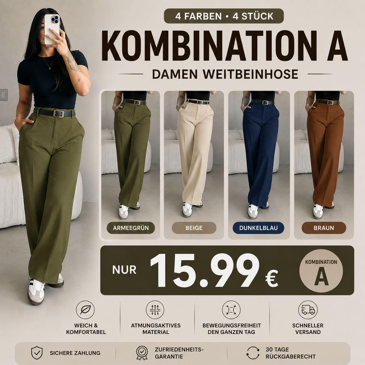 Damen-Hose mit hohem Bund und geradem Bein – fließende, elegante Anzughose mit lässigem Schnitt, für Büro und Alltag, mit figurformendem Effekt