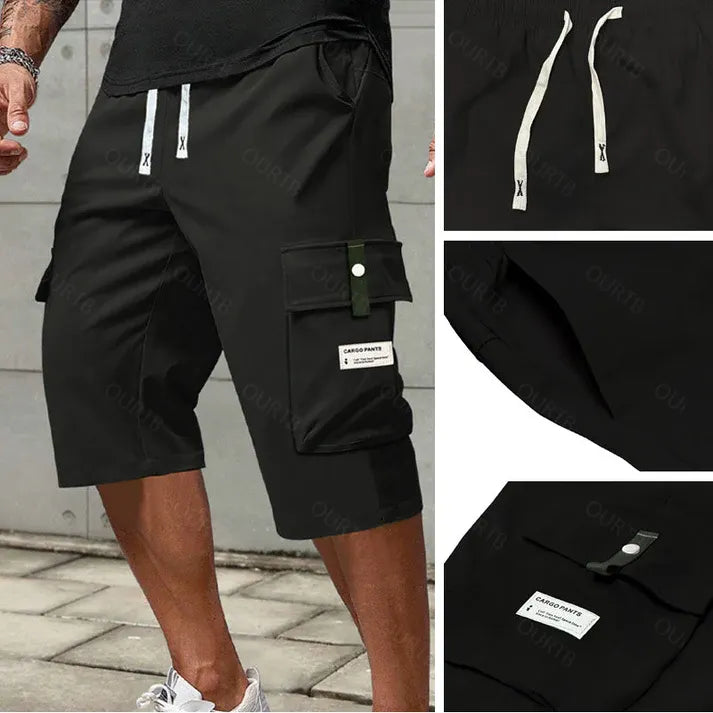 Men's Summer Casual Cargo Shorts - Elastic Drawstring Waist, Multiple Pockets & Letter Patch Design