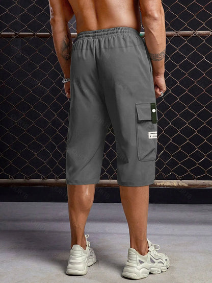 Men's Summer Casual Cargo Shorts - Elastic Drawstring Waist, Multiple Pockets & Letter Patch Design