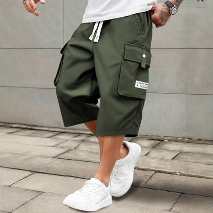 Men's Summer Casual Cargo Shorts - Elastic Drawstring Waist, Multiple Pockets & Letter Patch Design