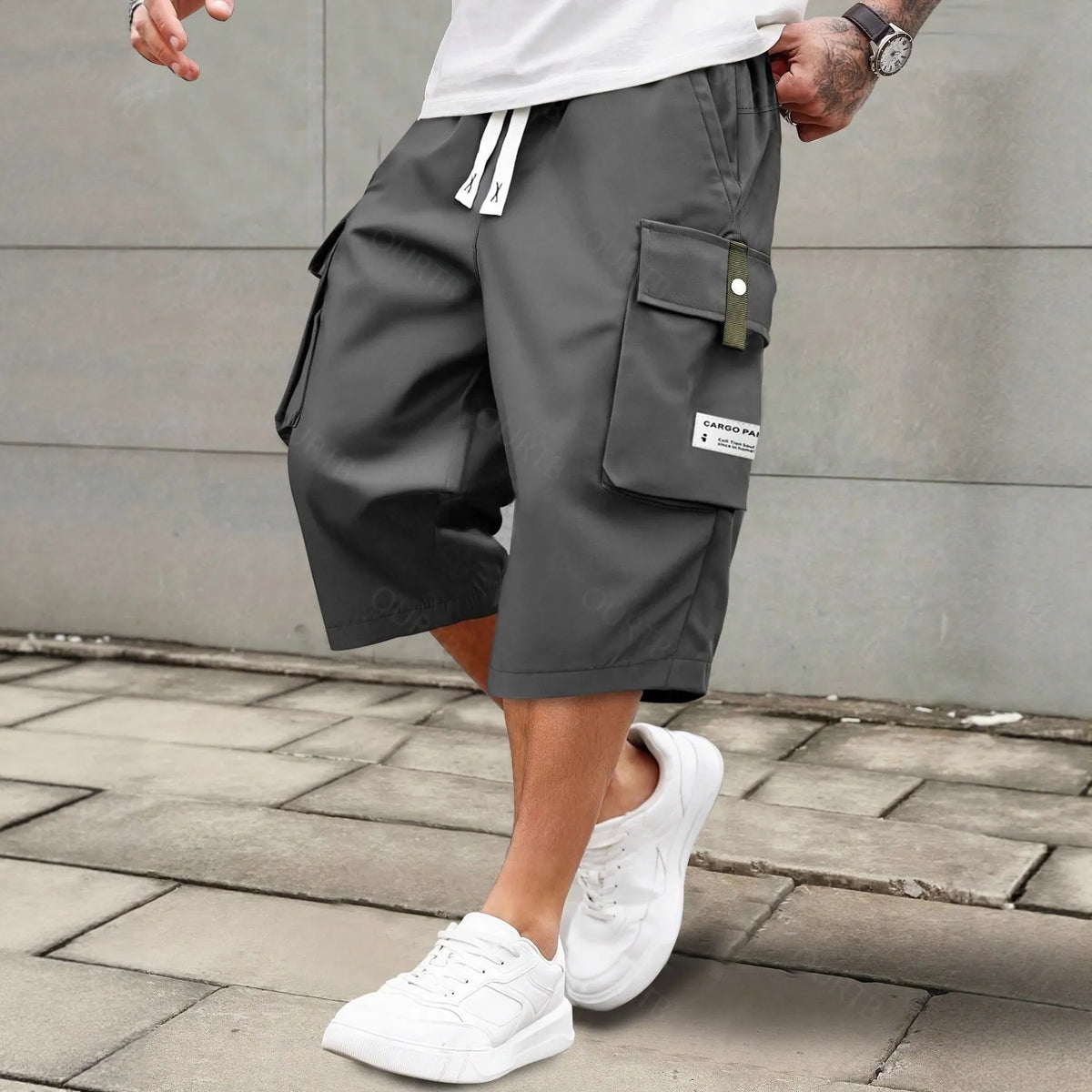 Men's Summer Casual Cargo Shorts - Elastic Drawstring Waist, Multiple Pockets & Letter Patch Design