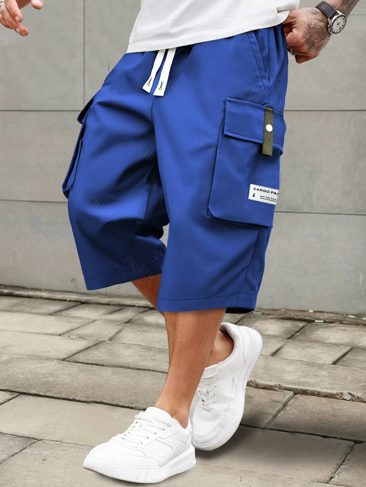 Men's Summer Casual Cargo Shorts - Elastic Drawstring Waist, Multiple Pockets & Letter Patch Design