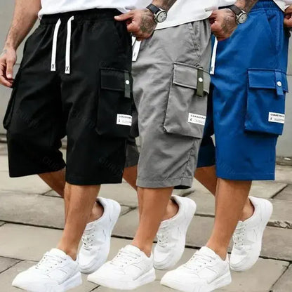 Men's Summer Casual Cargo Shorts - Elastic Drawstring Waist, Multiple Pockets & Letter Patch Design